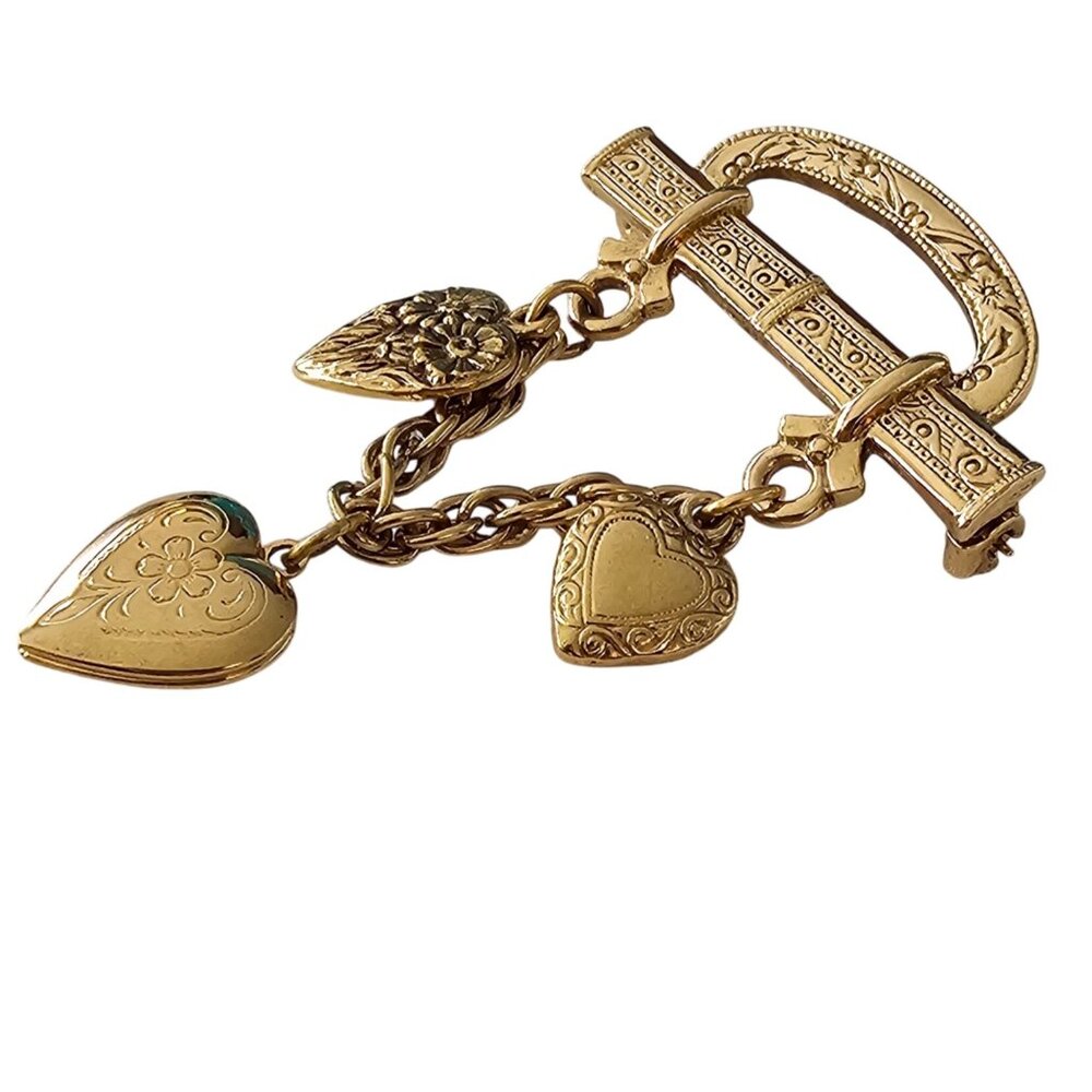 1928 Brand Bar Pin Heart Chain Dangle Brooch Locket Pin J522 - Picture 2 of 8